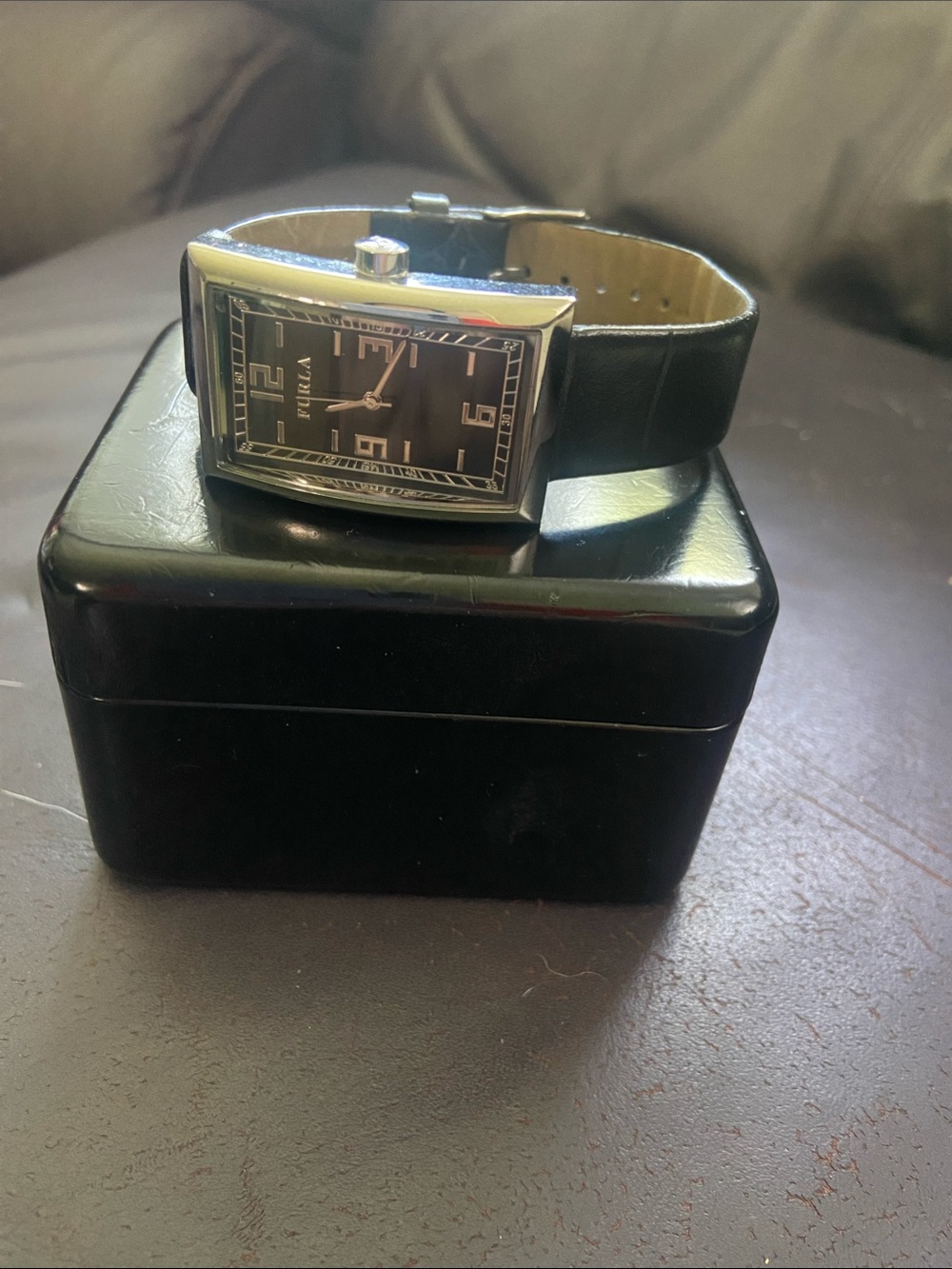 Furla Black Dial Rectangular Stainless Watch with Black Leather Strap
